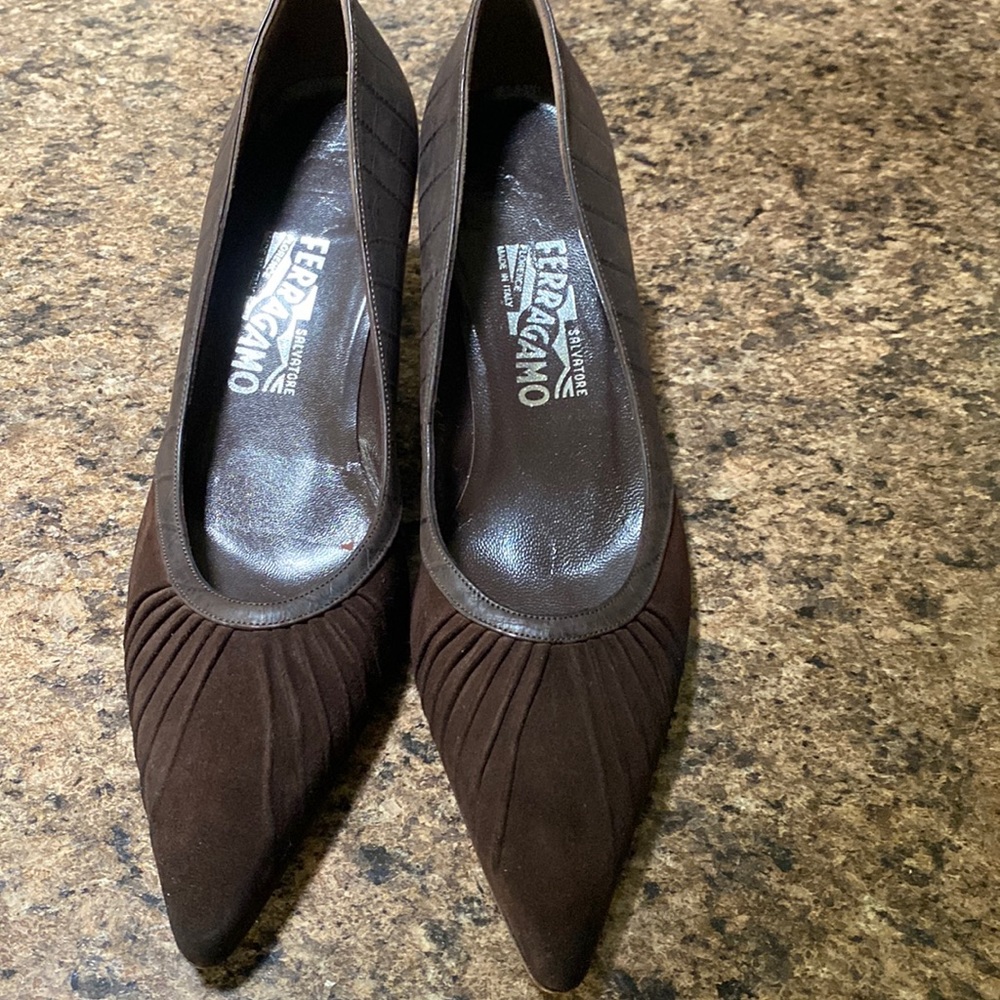 Salvatore Ferragamo Brown Pointed-Toe Suede Heels